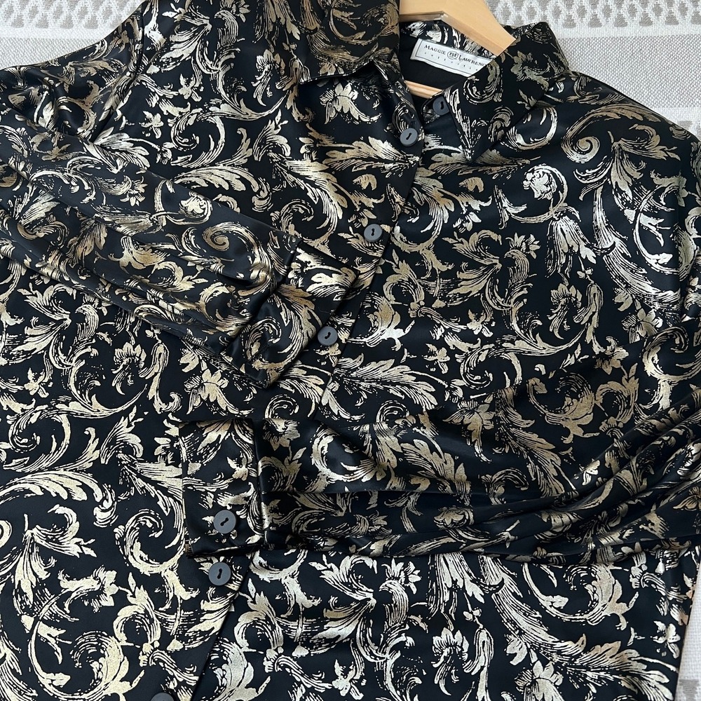 Vtg Maggie Lawrence Blouse Whimsigoth Metallic Brocade Button Up Gold Baroque - Picture 7 of 9